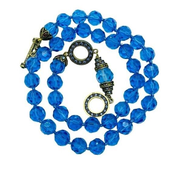 Heidi Daus Crystal Blue Beads Toggle Clasp Pendant Accente Rhinestones Necklace - Picture 5 of 13